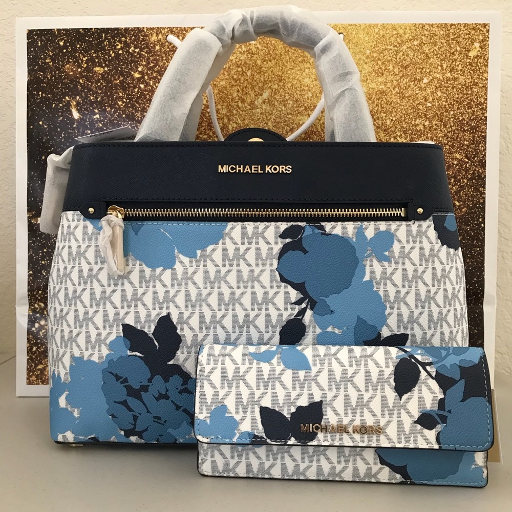 NWT MICHAEL KORS HAILEE MD NAVY FLORAL SATCHEL SET - Picture 3 of 8